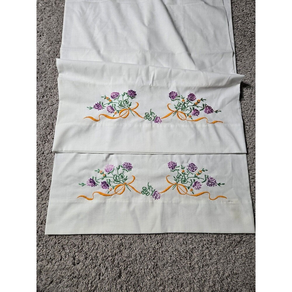 Vtg Floral Hand-Embroidered 2 Pillowcases Cross stitched White Grandmacore Chic